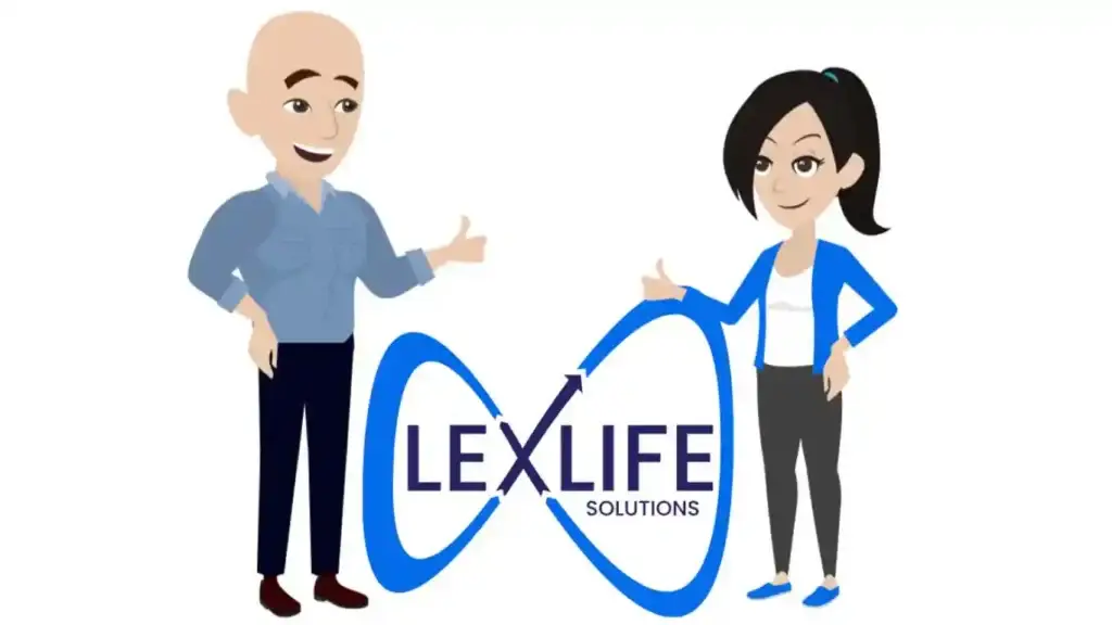 Animated characters of Brent and Michelle standing beside the Lexlife Logo.